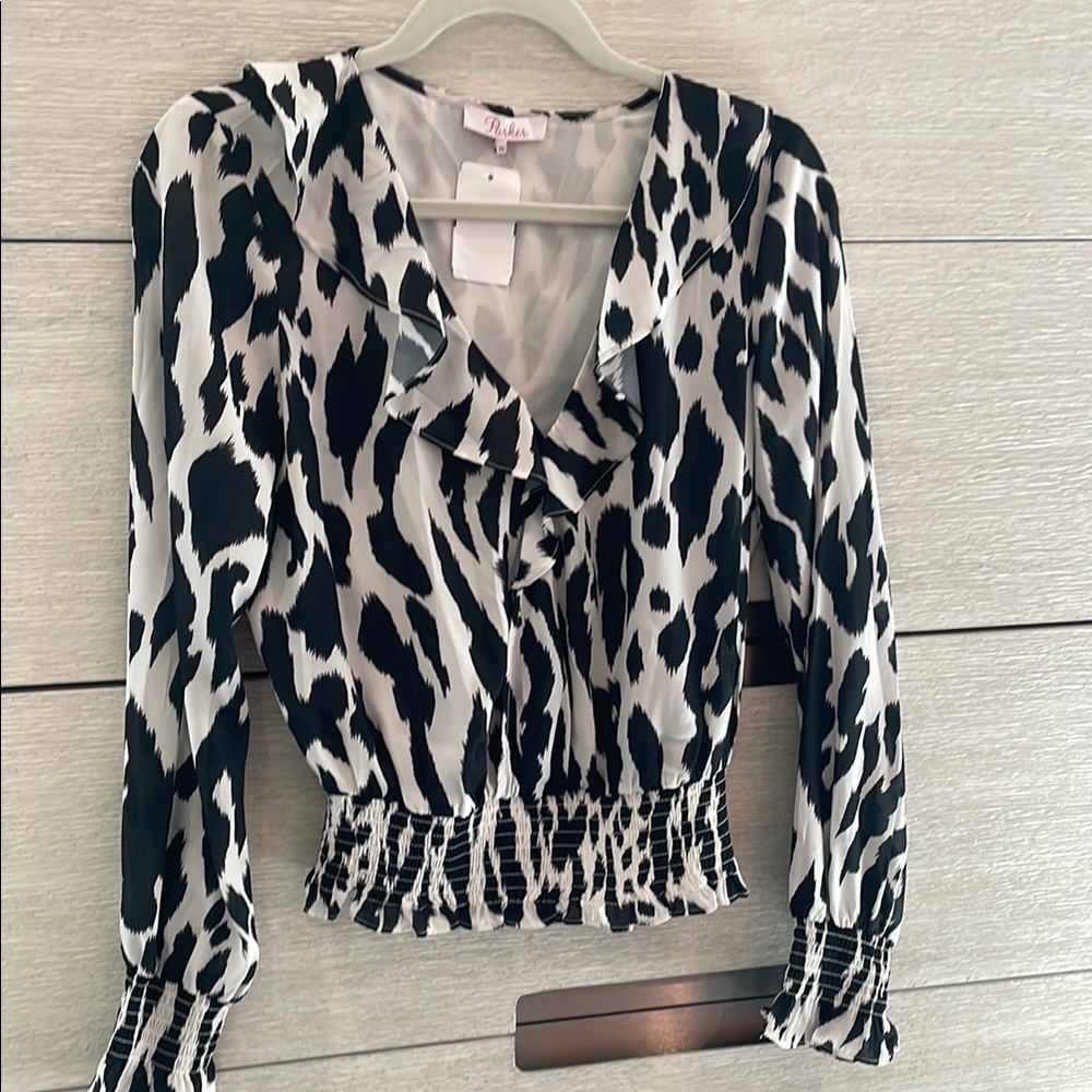 Parker Gorgeous Black and Ivory tiger design Ruffled Smocked Blouse